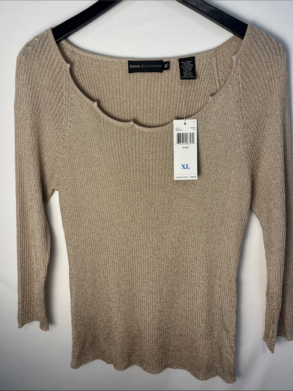 Dana Buchman Gold metallic  Scalloped Ribbed Scoop Neck Sweater